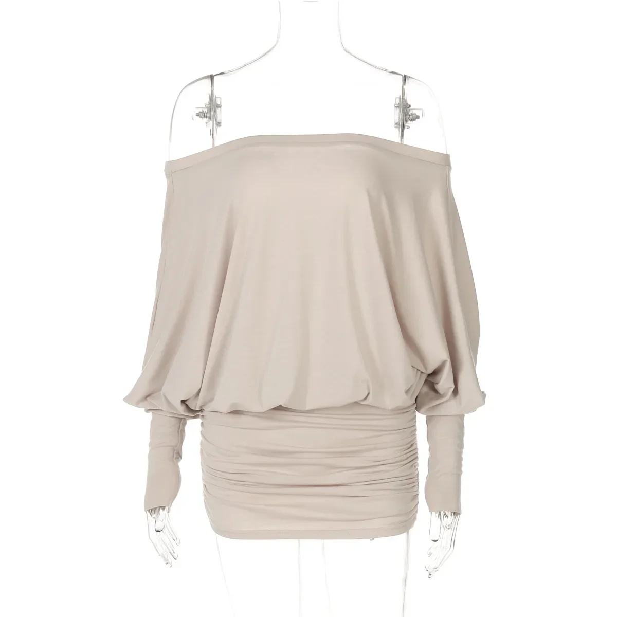 Chaxiaoa Off Shoulder Sheer Mini Dress Outfits for Women Sexy Long Sleeve Ruched Party Dresses Bodycon Solid Color Robe Femme