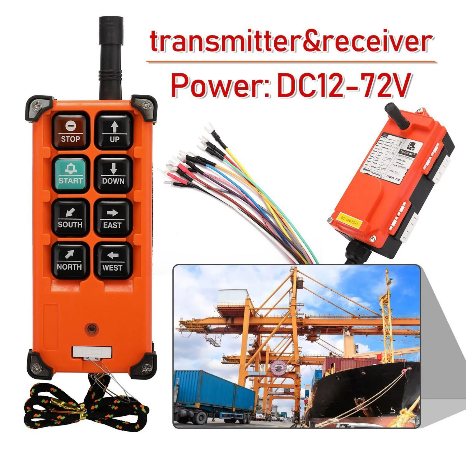 868MHz IP65 Wireless Crane Remote Control 12-72V, Industrial Hoist Transmitter Receiver with Emergency Stop 100M