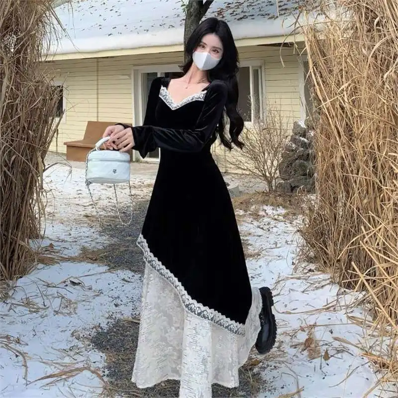 Vestido de mujer elegante y a la moda Retro con cuello en V de manga larga vestido de encaje de terciopelo negro nuevo vestido versátil elegante