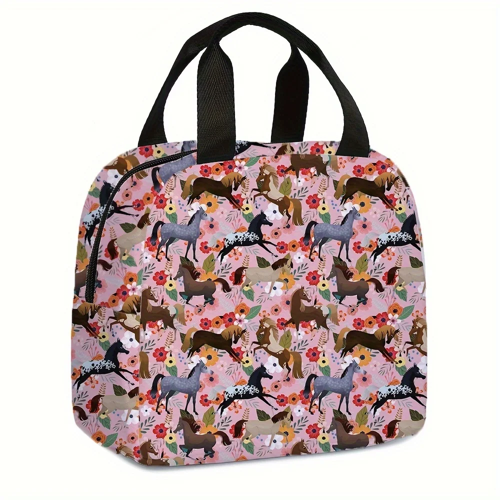 Horse Print 1pc 1pcs 1pc 1pcs Lunch Bag, Round Lunch Box Carrier, Suitable for Office, Camping, Picnic, Kitchen Storage