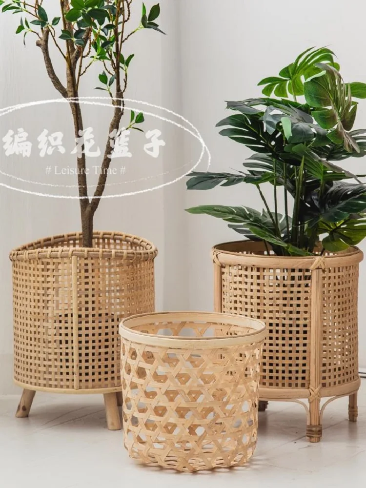 Vine woven flower basket, flower pot, bamboo woven flower rack, floor standing bonsai plant placement in living room, shelf, bal