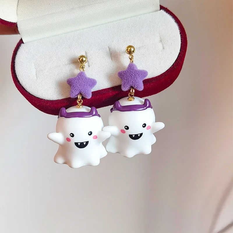 Neue Niedliche Halloween-Geister-Ohrringe aus Harz für Frauen Cartoon-Mode Geometrischer Roter Stern Ball-Ohrstecker Festtags-Party-Schmuck Geschenk – Detail 8