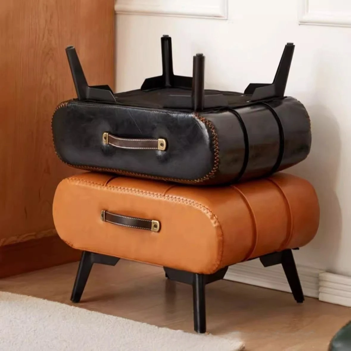 Small Stool Living Room Coffee Table,household Low Ottomans, Footrest Footstool Doorstep Shoe Changing Stool Leather Cushion