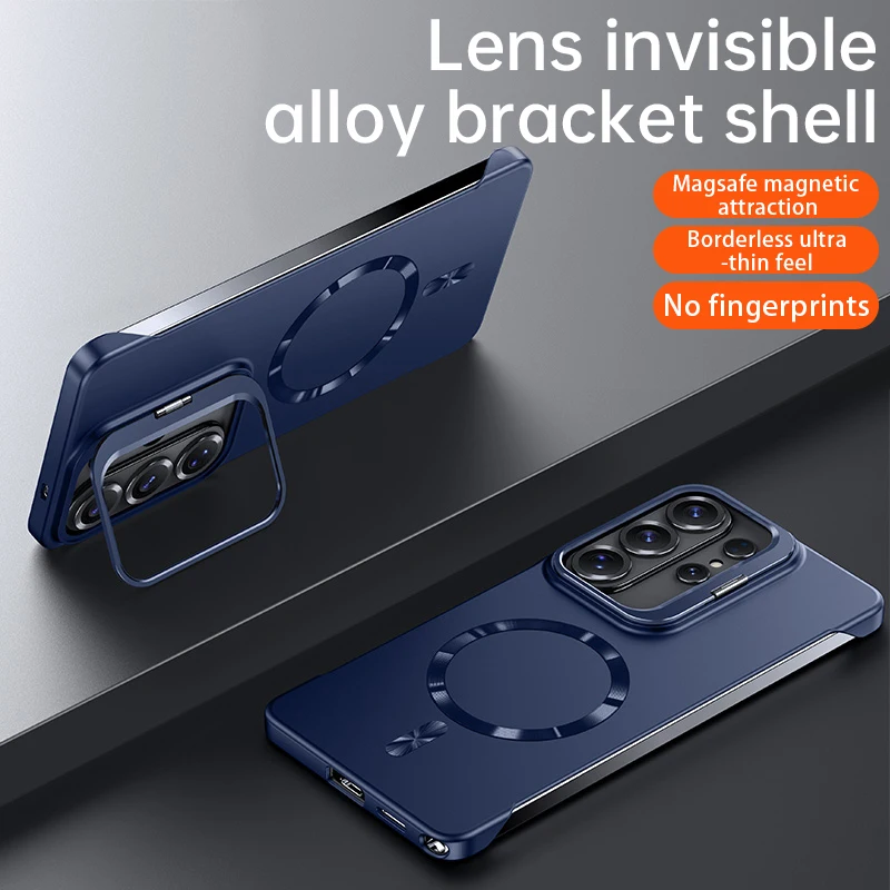 Ultra Thin Metal Lens Fold Stand Frameless Cooling Magnetic MagSafe Case for Samsung S26 Ultra S25 Plus S24 FE Matte PC Cover