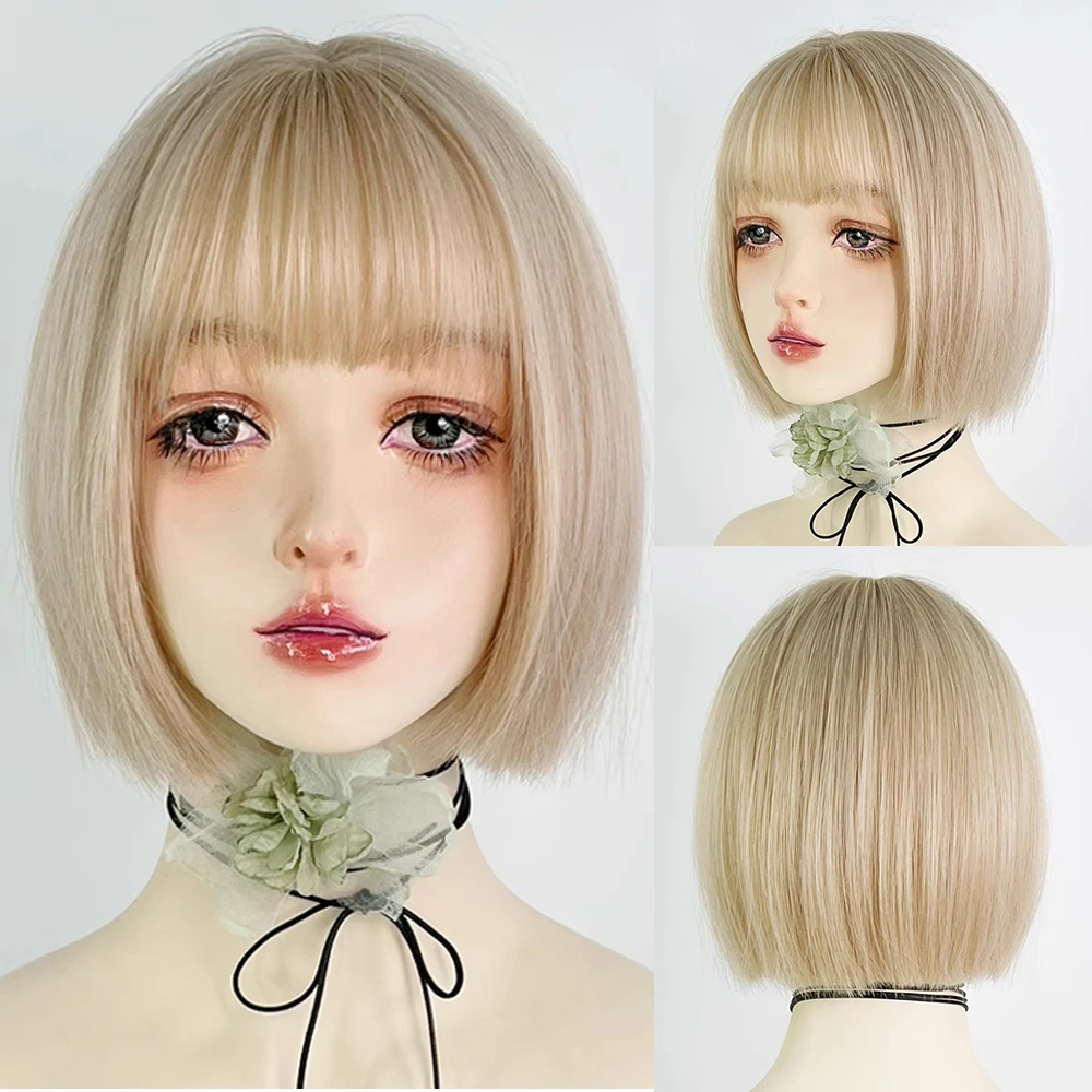 

GAKA Synthetic Straight Short Bob Blonde Women Wig Lolita Cosplay Fluffy Women Hair Wig for Daily Party