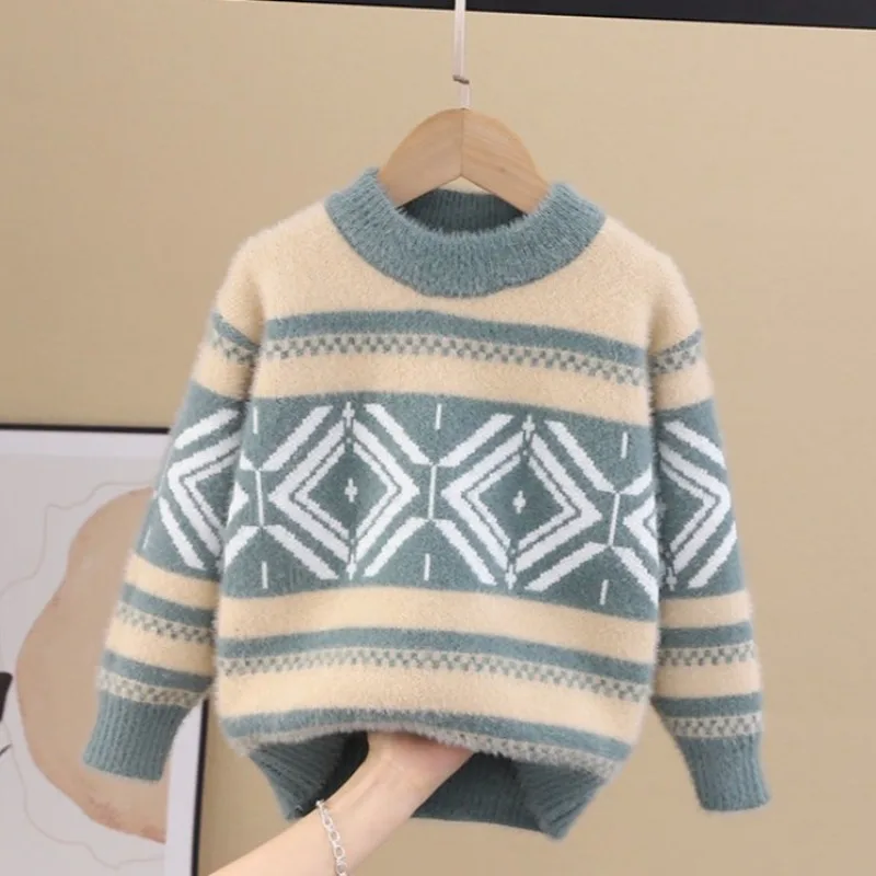 

Утолщенный норковый кашемировый свитер для мальчиков, зима 2025 года, бестселлер, теплый вязаный свитер с круглым вырезом для детей среднего размера, осень-зима