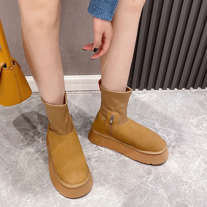 

Winter Women Short Plush Warm Snow Boots Casual Shoes 2023 New Suede Fur Chelsea Ankle Boots Flats Platform Ladies Shoes Botas