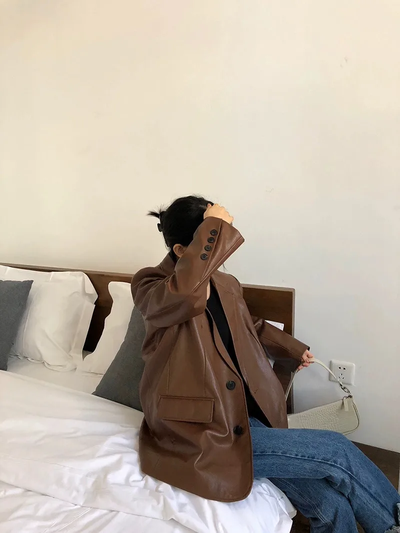 Lose Beiläufige Braun Leder Jaet frauen Frühling Herbst Neue Sle Koreanische Version Retro PU Anzug Mantel Lange Sve pendeln