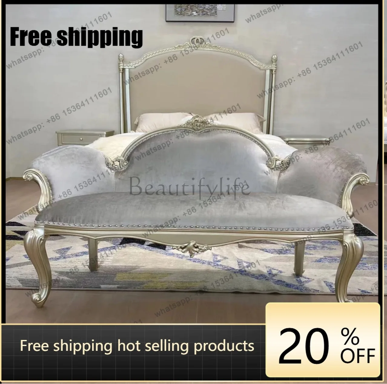 Hot American light luxury solid wood bedside stool French retro carved concubine chair American