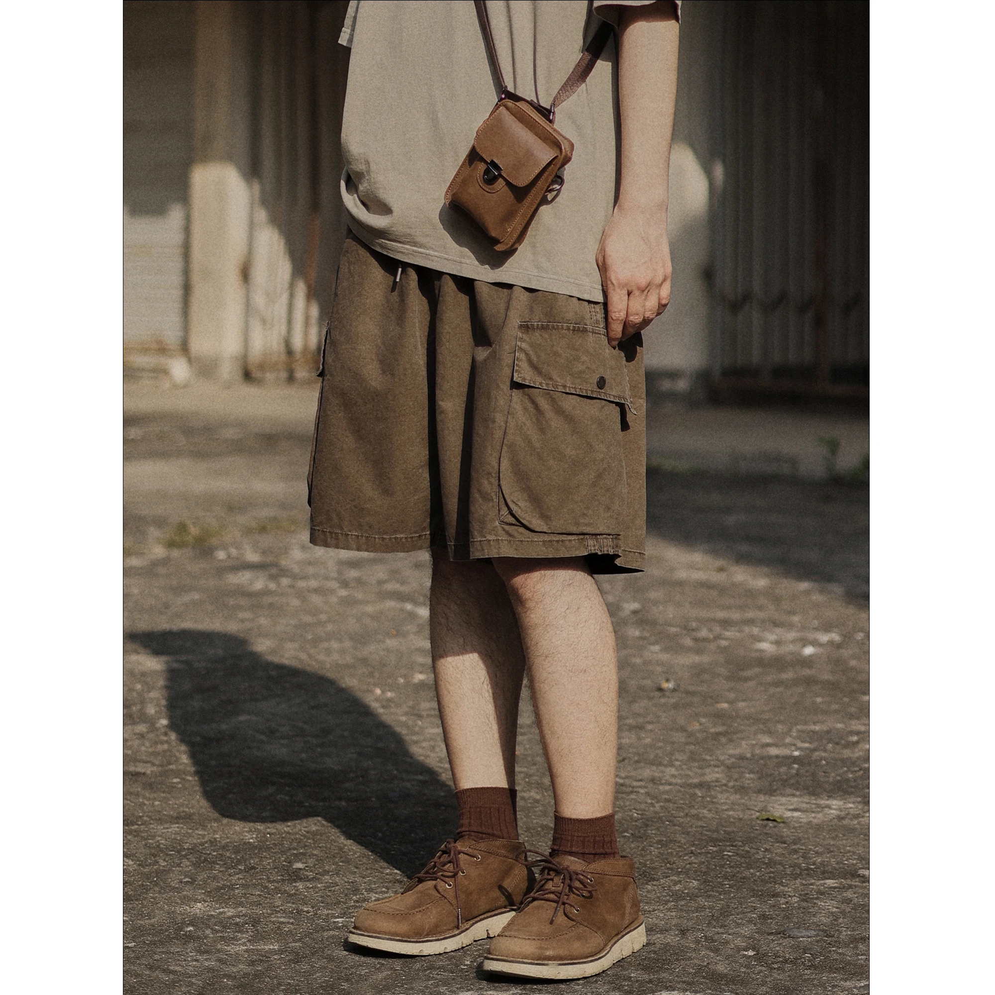 

Waed Denim Workwear orts for Young Men with Dstring Elastic Waist Loose Casual Japanese Sle Vintage Five-Point Pants