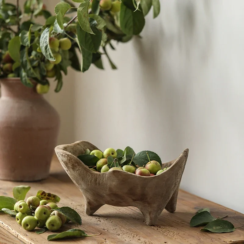 Wooden ingot-shaped tray with feet, wabi-sabi style ornaments, coffee table, solid wood fruit plate, B&B style soft decoration