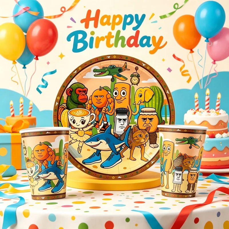 Italienisches Brainrot Farbmuster Cartoon Einweggeschirr Papierbecher Teller Set Geburtstagsparty Festliche Tischdekoration