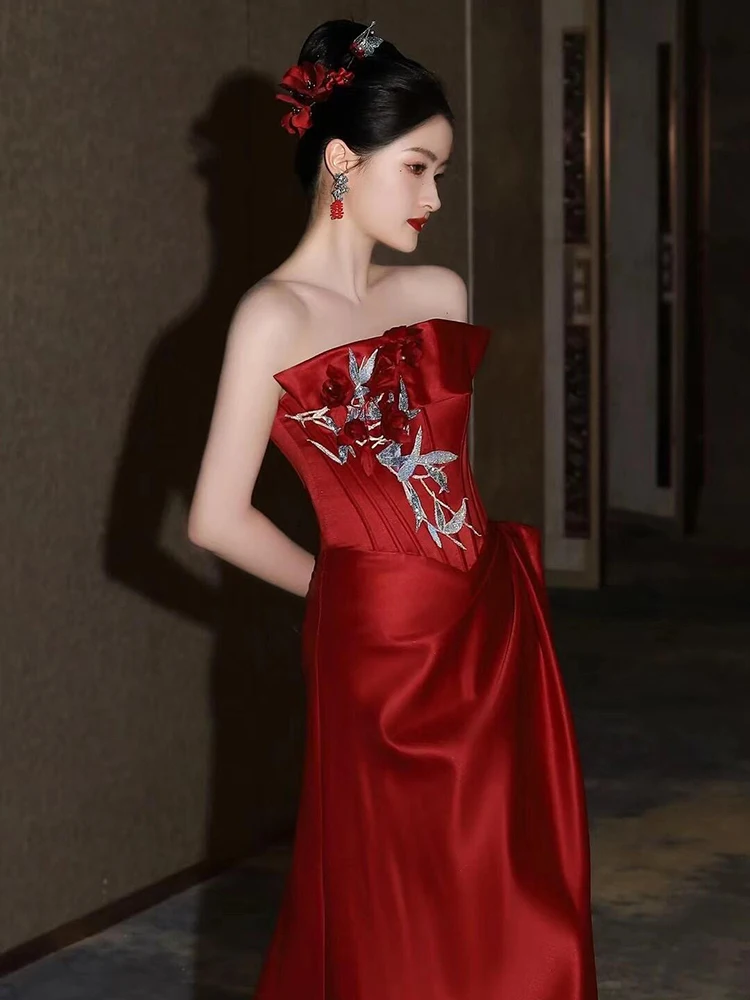 

Ele Red Wedding Dr New Chinese Sle Bridal Gown Evening Par Reception Ceremony Slimming Evening Robe for Brides