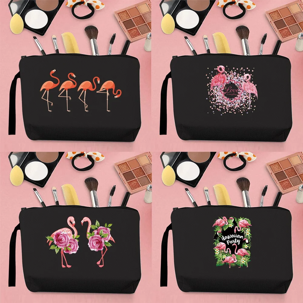 

Fashion Storage Bag Woman Coin Purse Canvas Cute Flamingo Pattern Printing Makeup Brush Portable Outdoor Toiletries Black Clutch