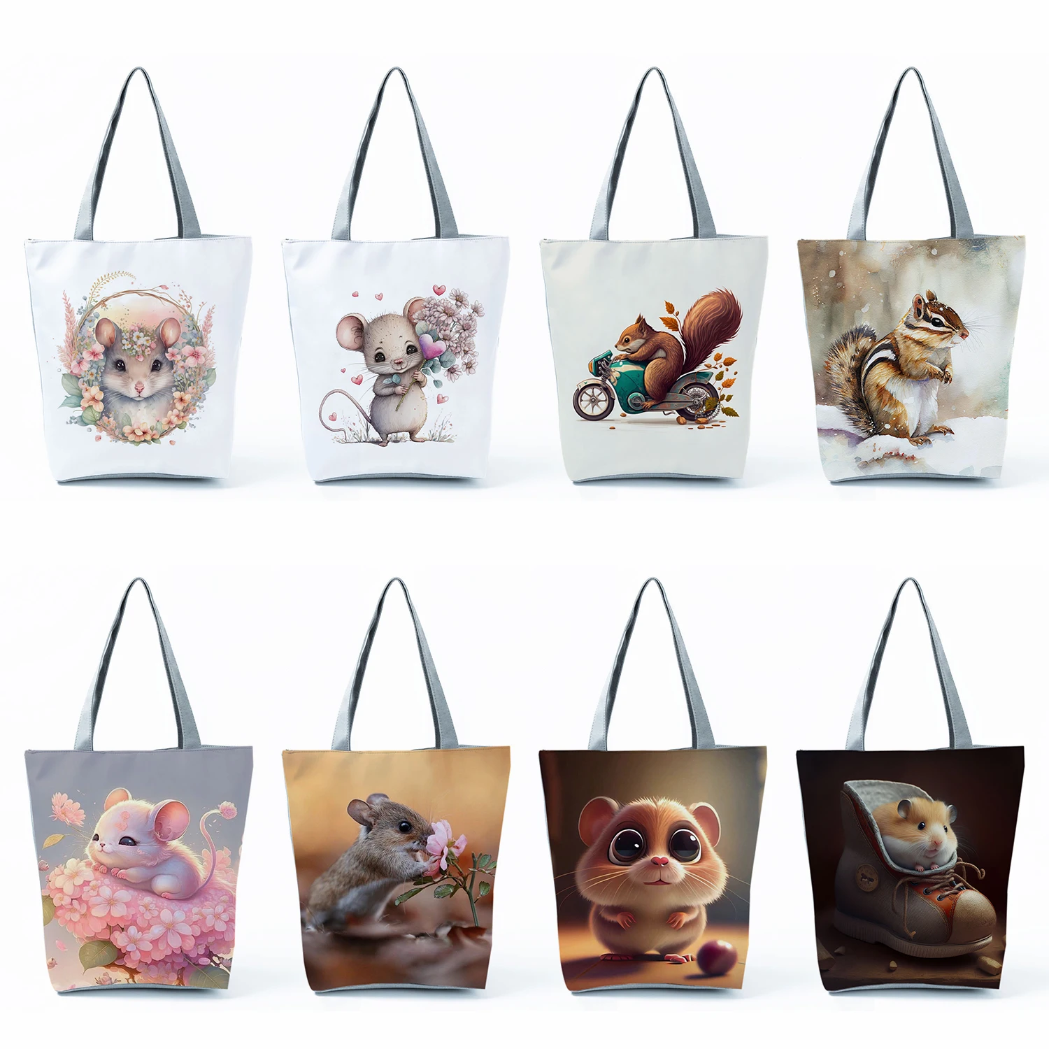 Cute Rat Squirrel Print Handbags Daily High Capacity Casual Women Tote Bags Kawaii Cartoon Animal Shopping Bags Travel Beach Bag