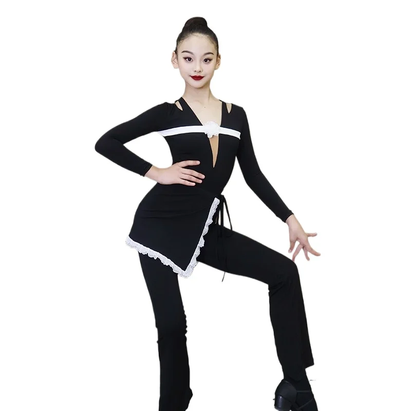 

Girls Latin Dance Competition Clothing New Training Uniform Children's Slim Pants Set Line Dance Pants Women Latin Practice Wear