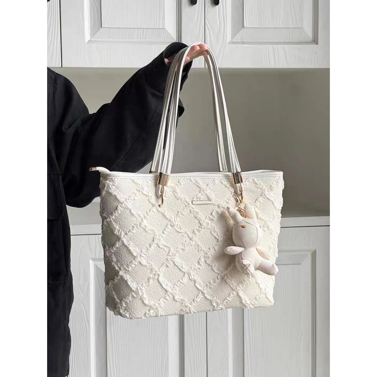 

JIAERDI Women's Large Capacity Beige Tote Bag Retro Diamond Pattern Y2K Shoulder Underarm Versatile Handbag