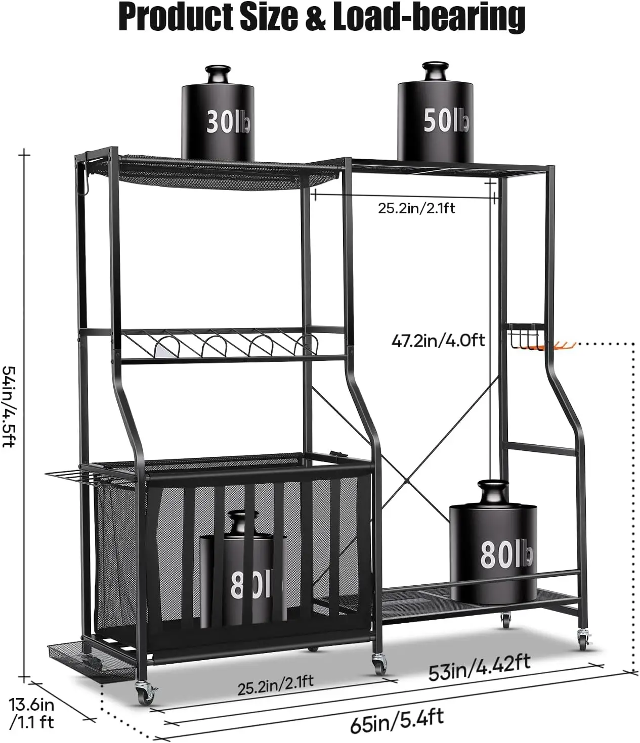 Garage Sports Equipment Organizer With Wheels Golf Bag Storage Rack Ball Storage Bins Heavy Duty Rolling Garage Storage Frame Container System Basket Hooks Indoor Black