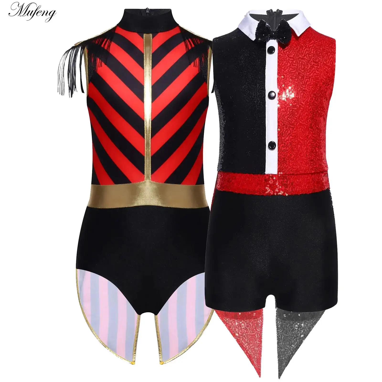Leotardo de circo para niña, Ropa de baile trapecio con gorro con borlas, traje de esmoquin Ringmaster para Halloween, Cosplay, fiesta de Carnaval
