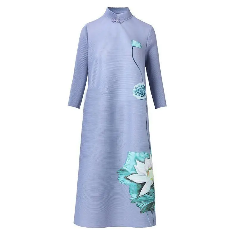 Pleated Spring 2024 New Cheongsam Style China-Chic Women's Button Medium length Dress Large Loose Print