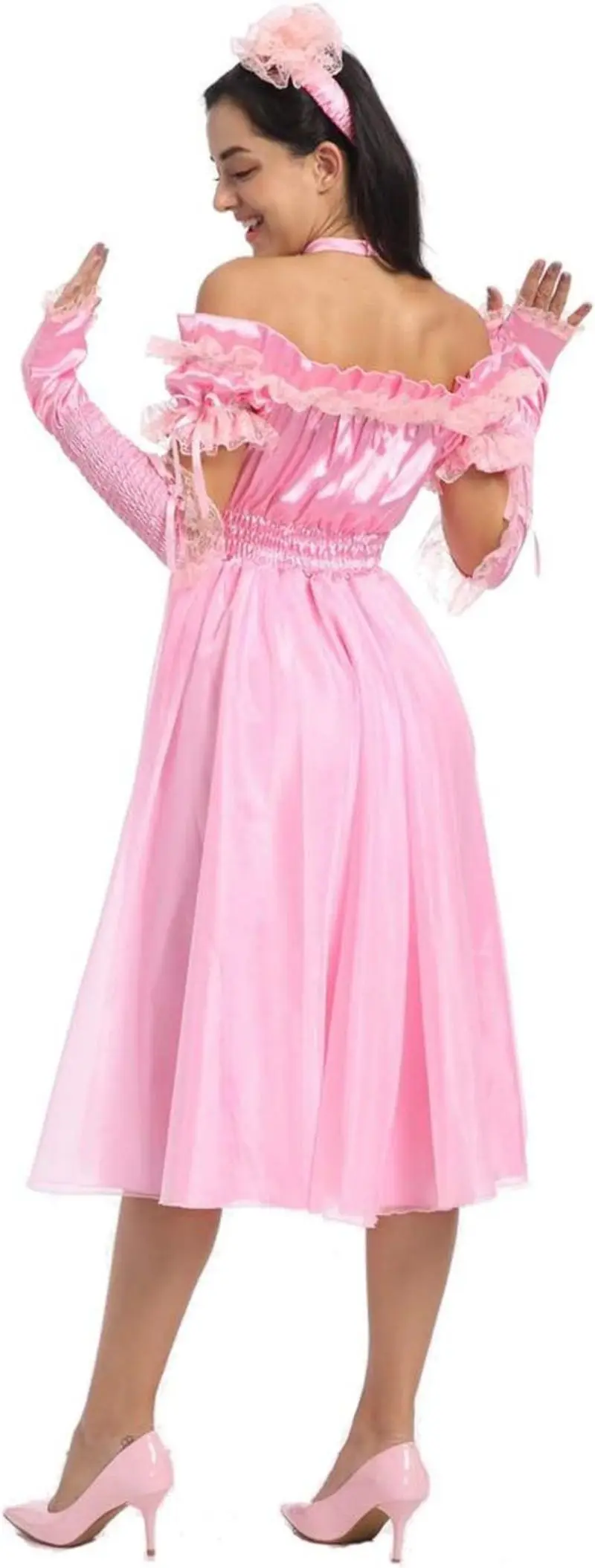 Pink Lace Short Sleeved Off the Shoulder with Sleeve Sleeves Elastic Waistline Independent Neck Loop Long Dress