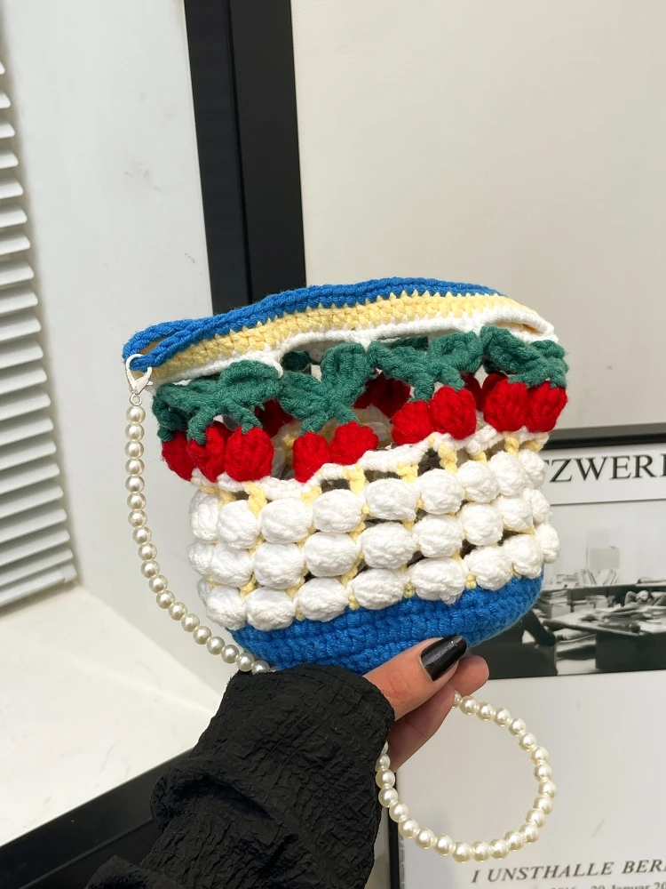 Handwoven Cute Cherry Color Block Crochet Shoulder Bag Casual Fashionable Women's Bucket Bag Trendy Crossbody Soft Fabric