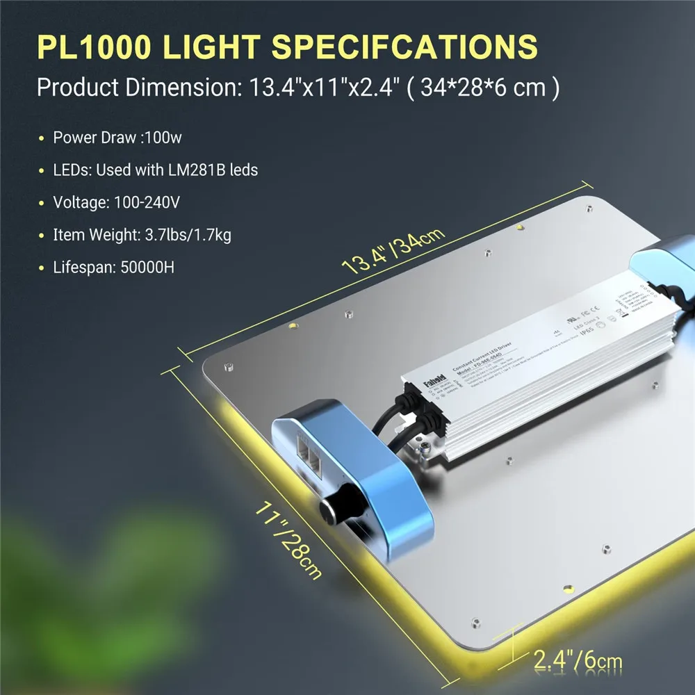 โคมไฟปลูกต้นไม้ PL1000 Phlizon หลอดไฟ LED สำหรับปลูกต้นไม้ในร่มโคมไฟแบบโซ่ดอกเดซี่หรี่แสงได้ LM281B ซัมซุงสำหรับปลูกต้นไม้2x4ft ดอกไม้