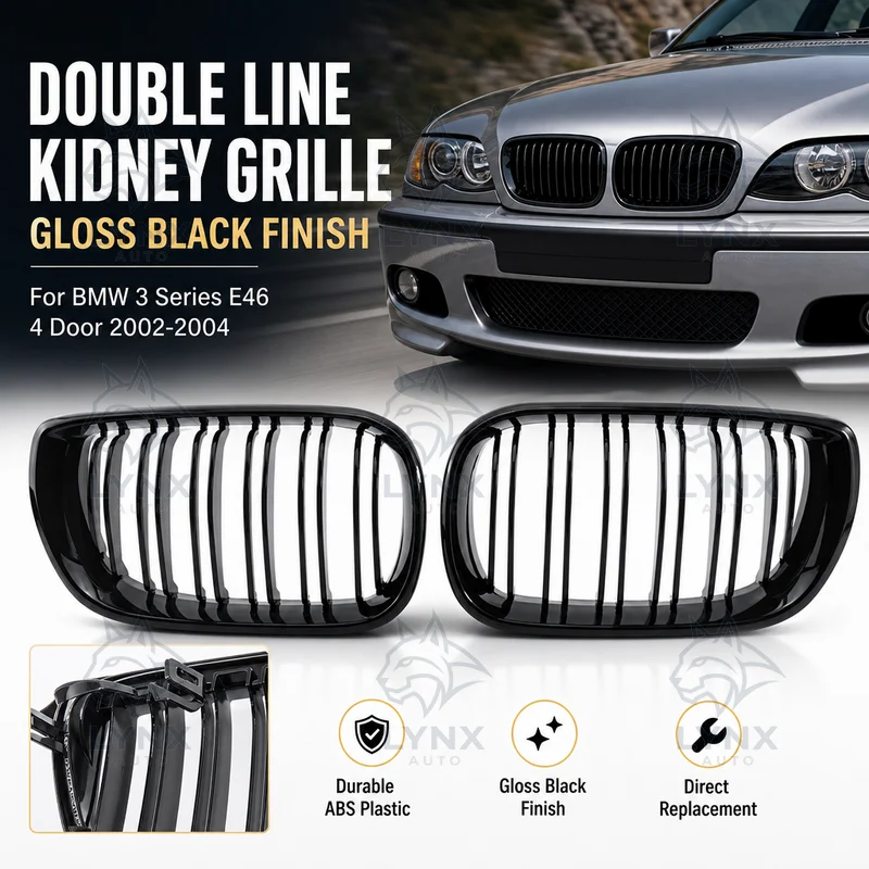 For BMW 3 Series E46 4 Door 2002-2004 Gloss Black Double Line Front Bumper Kidney Grille ABS Plastic Car Styling