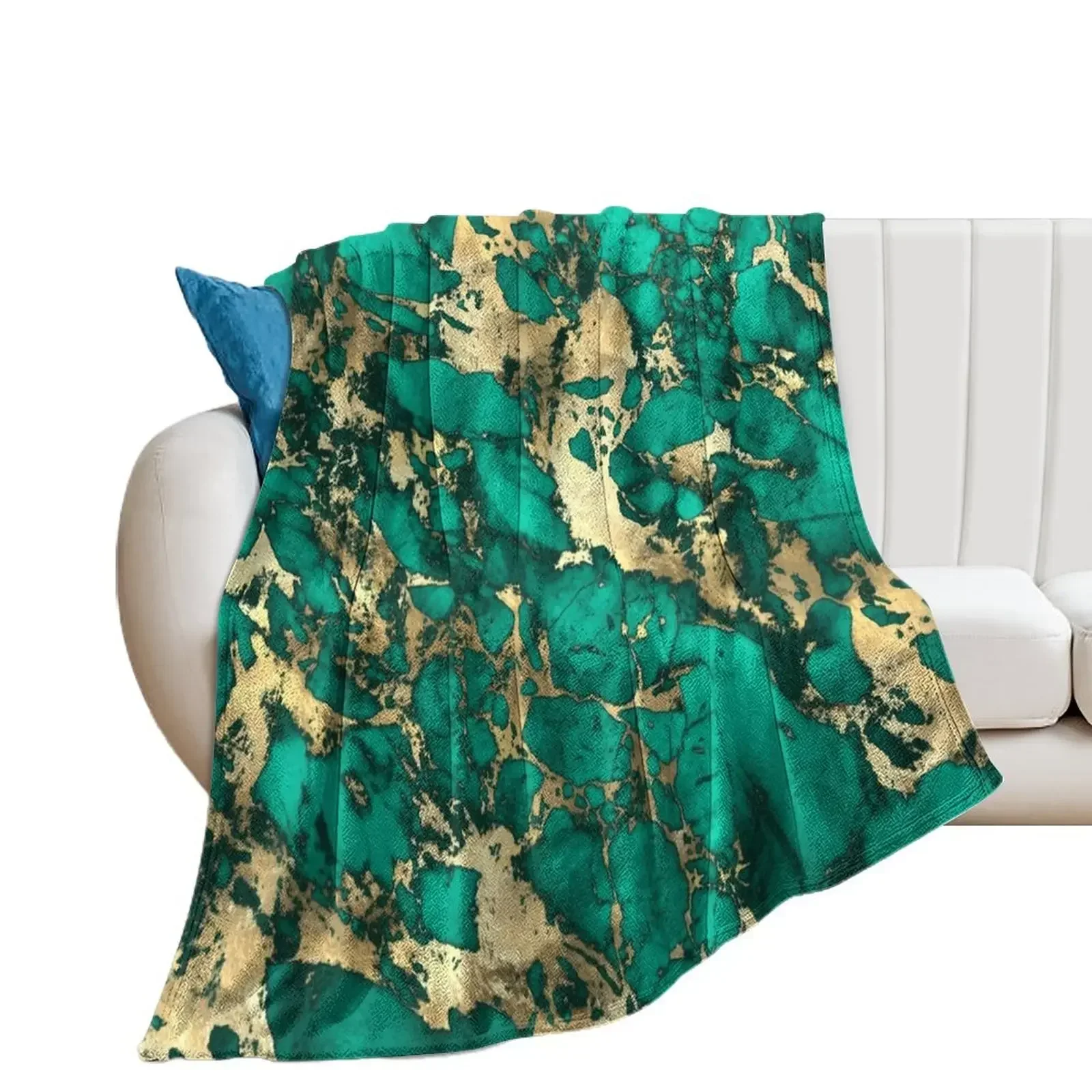 Teal And Gold Malachite Faux Marble Throw Blanket for sofa Polar Luxury St Blankets