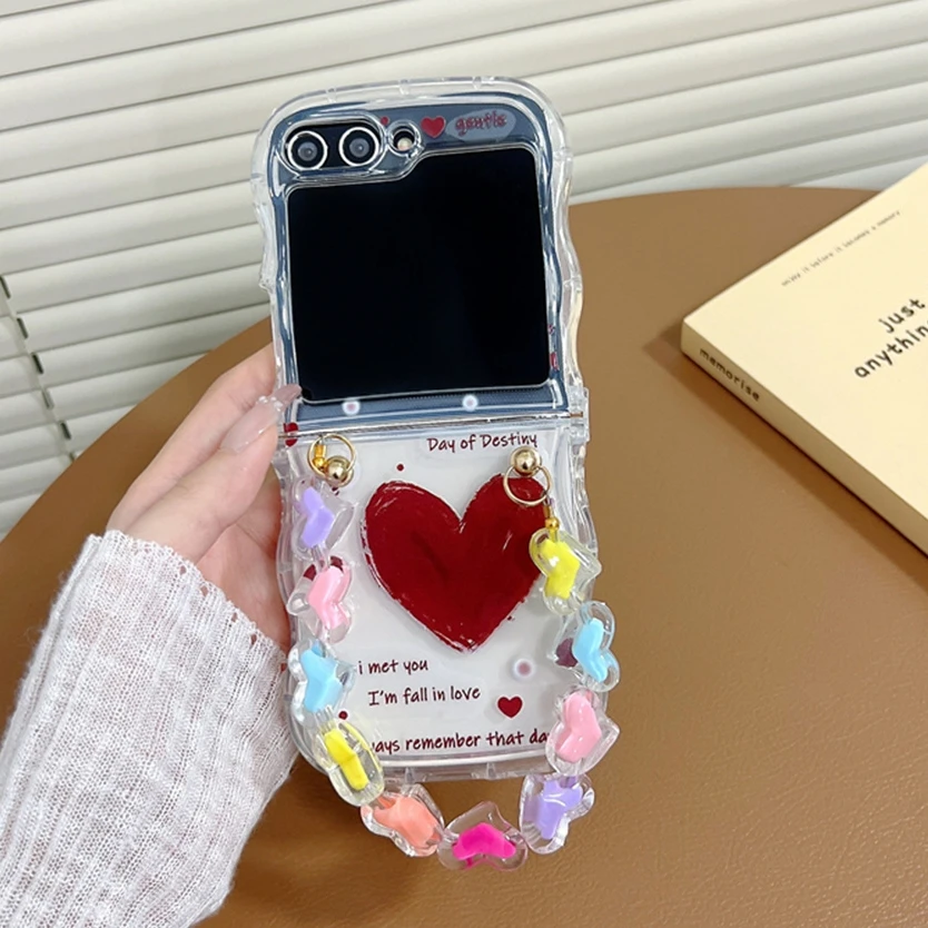 أزياء الحب القلب واضح موجة حالة الهاتف لسامسونج غالاكسي Z فليب 5 Z فليب 4 3 الكرتون سوار لينة سيليكون غطاء رقيقة جدا