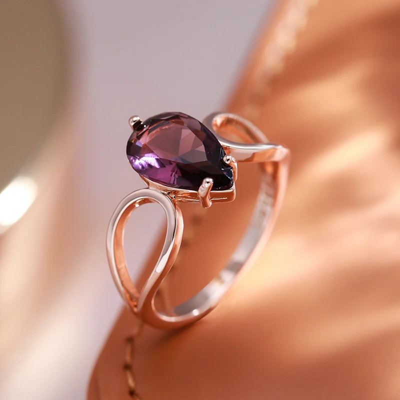 Kinel Sparkling Water Drop Purple Natural Zircon Rings for Women Luxury Unusual 585 Rose Gold Color Party Daily Jewelry 2023 New