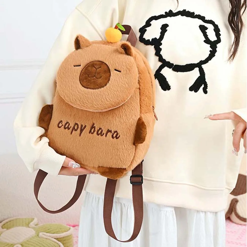 Sac à dos Capybara épais en coton PP brodé, sac de jour avec animaux de dessin animé, fourrure marron, sac d'école de grande capacité, cadeaux