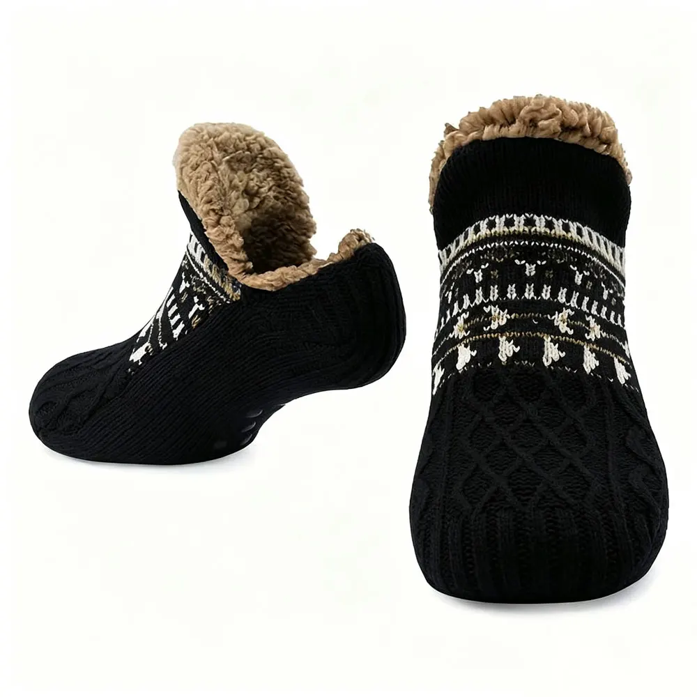 Men Women Winter Warm Slipper Socks Navy Cable Knit Fuzzy Lined Non Slip Indoor Floor Socks Nordic Pattern House Socks Home Foot