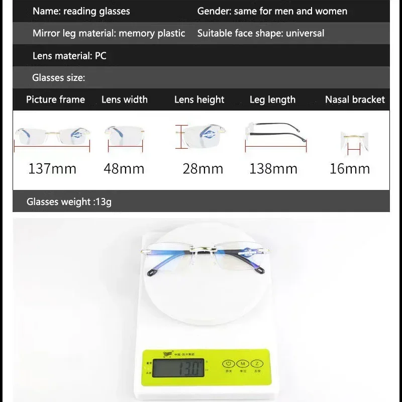 New Anti Blue Ray Reading Glasses Fashion Men Women Rimless Cutting Presbyopia Eyewear for Ladies Blue Light Protect Glasses