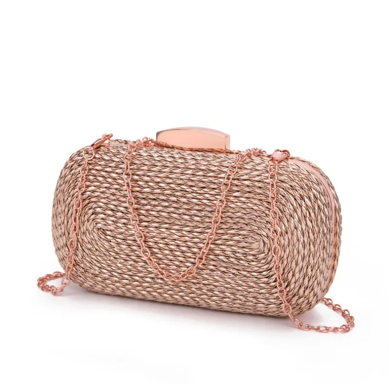 PU Woven Women\'s Handbag Single Shoulder Chain Woven Dinner Bag Crossbody Makeup Box Rose Gold Leather Purses Gold Clutch Bags