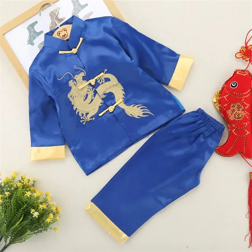 Chinese Style Dragon Tang Suit Boy Birthday New Year Party Festival Outfit Kung Fu Wushu Top Pants Set Uniform Kids Costume Gift