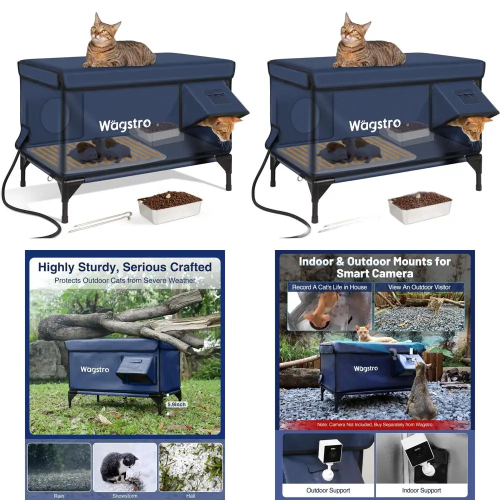 

Waterproof Insulated Outdoor Cat Shelter with Heater, 6 Elevated, Escape Door, Dark Blue, 29x17x20