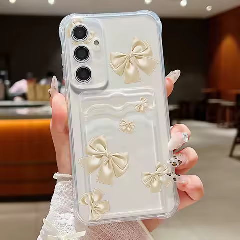 Bow Print Card Bag Wallet Case For Samsung Galaxy S25 S24 S22 S23 Ultra Plus S24 FE A55 A54 A52 A56 A36 A16 A15 Clear TPU Cover