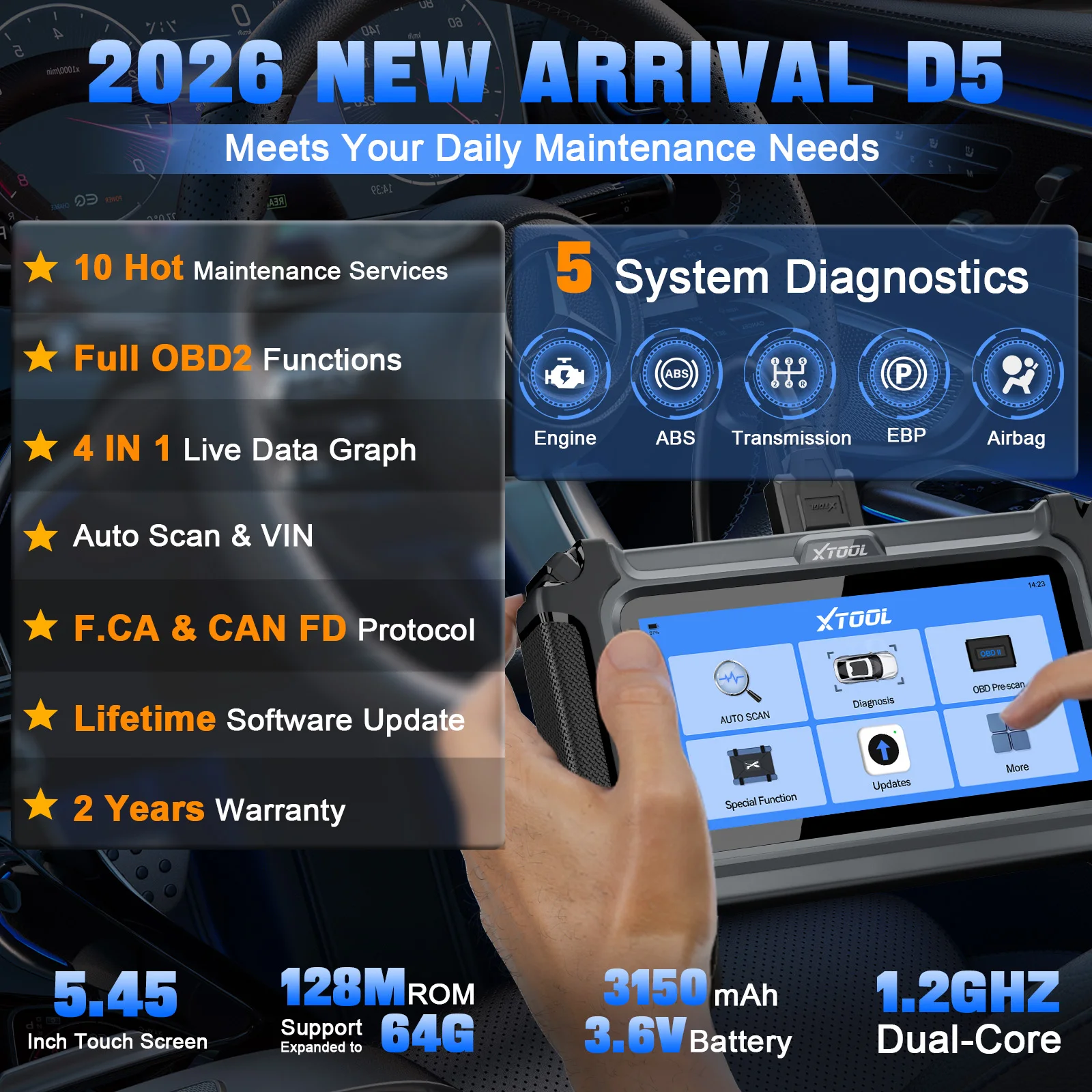 XTOOL D5 Car Diagnostic Tool 5 System Auto OBD2 Scanner OIL TCM DPF ABS EPB Reset Injector Code FCA/DOIP Lifetime Free Update