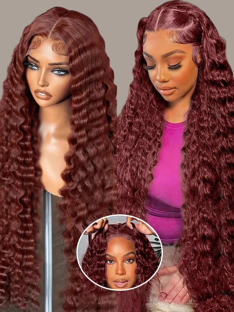 Wear And Go Reddish Brown Water Wave 13x4 Full Lace Front Human Hair Wig Glueless Curly Wigs 180% Density 28inch for Women