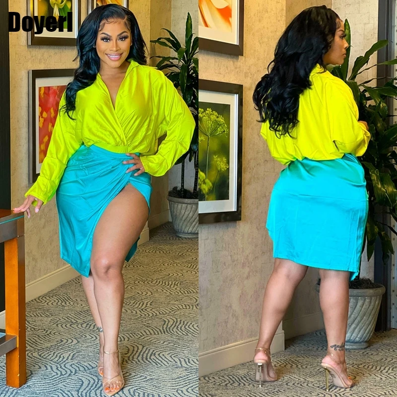 

Neon Green Satin 2 Piece Sets Womens Outfits Sexy Two Piece Dress Set Crop Top and Split Skirt Party Matching Sets Club Outfits