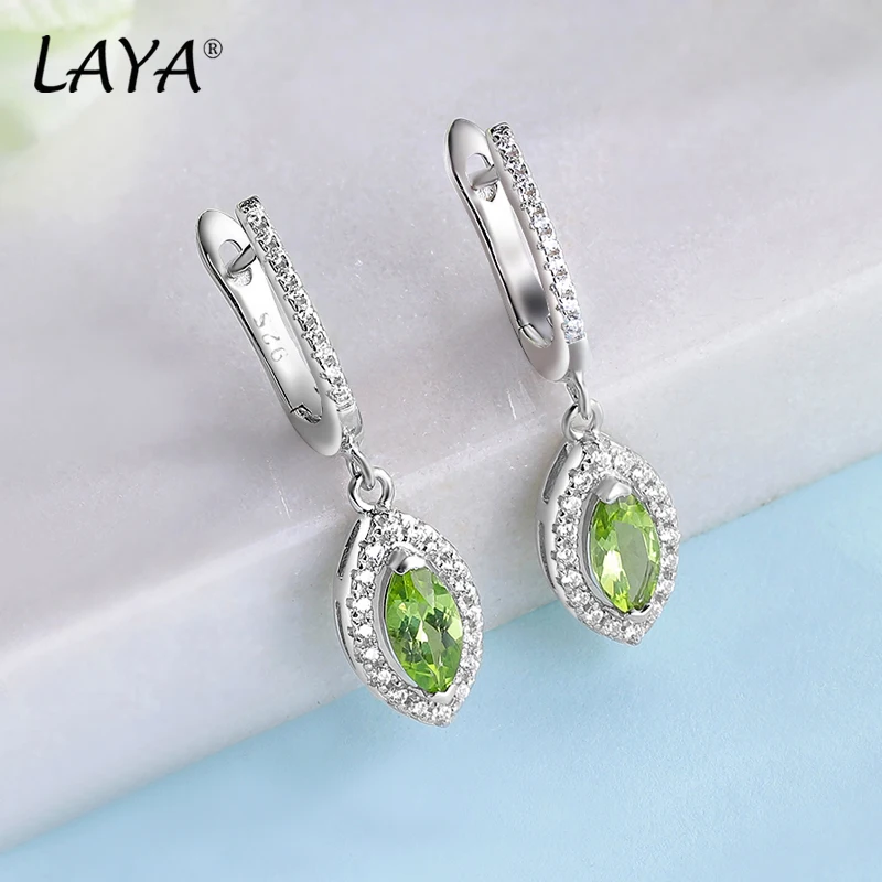 LAYA 100% 925 Sterling Silver Marquise Brilliant Cut Gemstone Natural Peridot Drop Earrings For Women Wedding Fine Jewelry