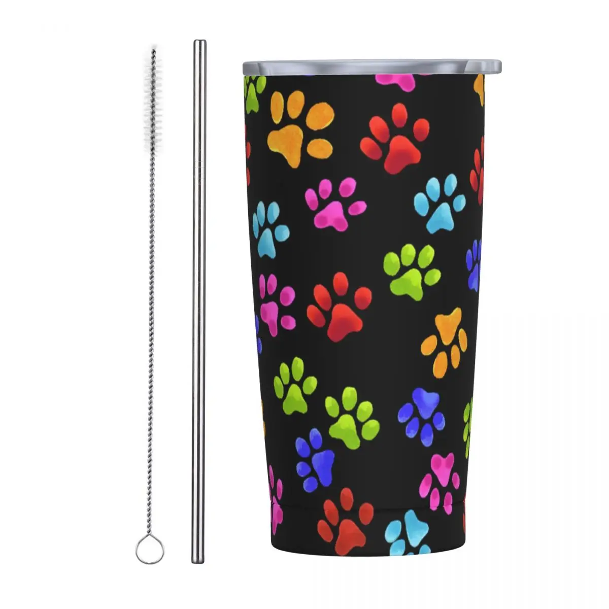 Paw Rainbow Insulated Tumbler with Straws and Lid Dog Cat Stainless Steel Coffee Mug 20 Oz Double Wall Mugs for Hot Cold Drinks