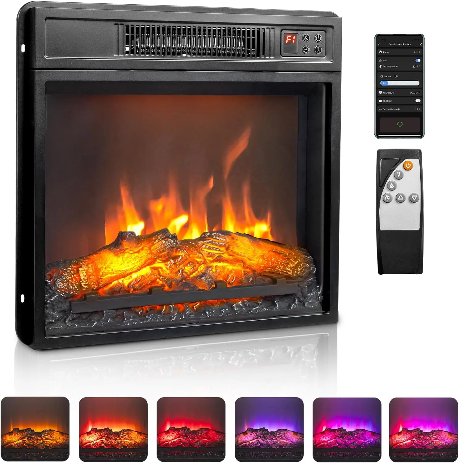 

18" Electric Fireplace Inserts with APP Remote Control 1400W Recessed Stove Heater with 8H Timer 6 Flame Colors ETL