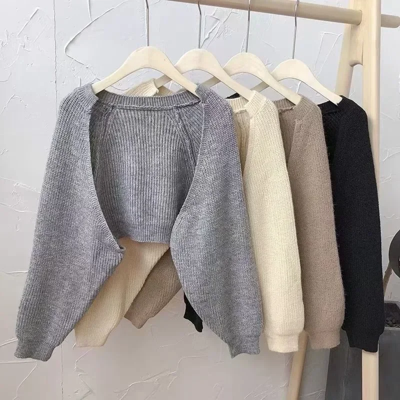 Clearance Lantern Sleeve Sweater Cowl Coat Women's Cardigan Bishop Sleeve Autumn Versatile Sweater Ultra Short Fashionable Top