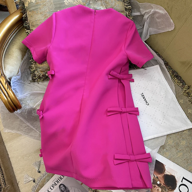 French Sweet Side Bow Sweet Elegant Slim Rose Pink Short Sleeve Dress 2023 Early Spring Brand Runway New Dresses