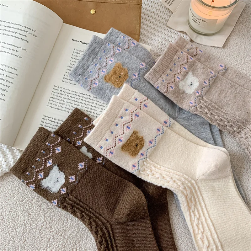 

Vintage Mid-Calf Knit Socks Fleece Material Fair Isle Design Women Japanese Style Autumn/Winter Color Block Thickened Pile Soc