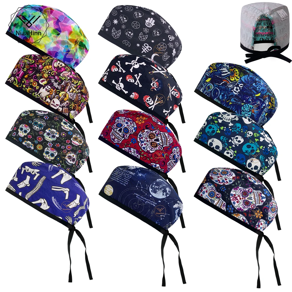 Commercio all\'ingrosso Hemming Fashion Cotton Skull Cartoon Print Hat cappello da lavoro per allattamento salone di bellezza berretto per