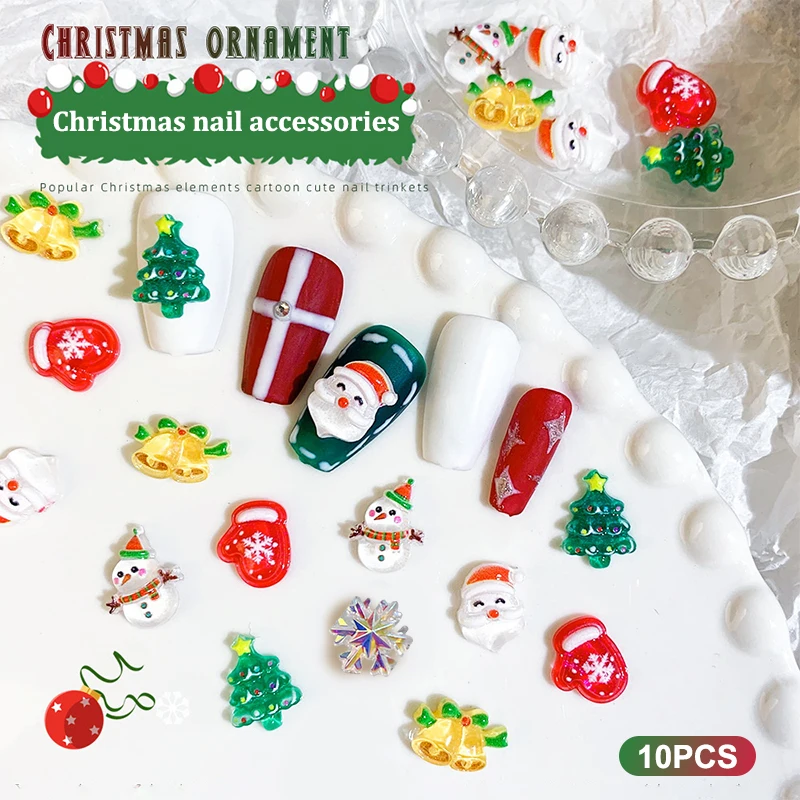 

10Pcs Christmas Cartoon Nails Decoration Santa Claus,Elk,Bell,Tree Resin Nail Charms Cute Jewelry Party Decoration Accessories