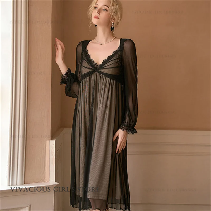 Women Long Nightgown Sleepwear Spring Summer French Sexy Fairy Palace Style Nightdress Casual Mesh Home Clothes Lounge Wear